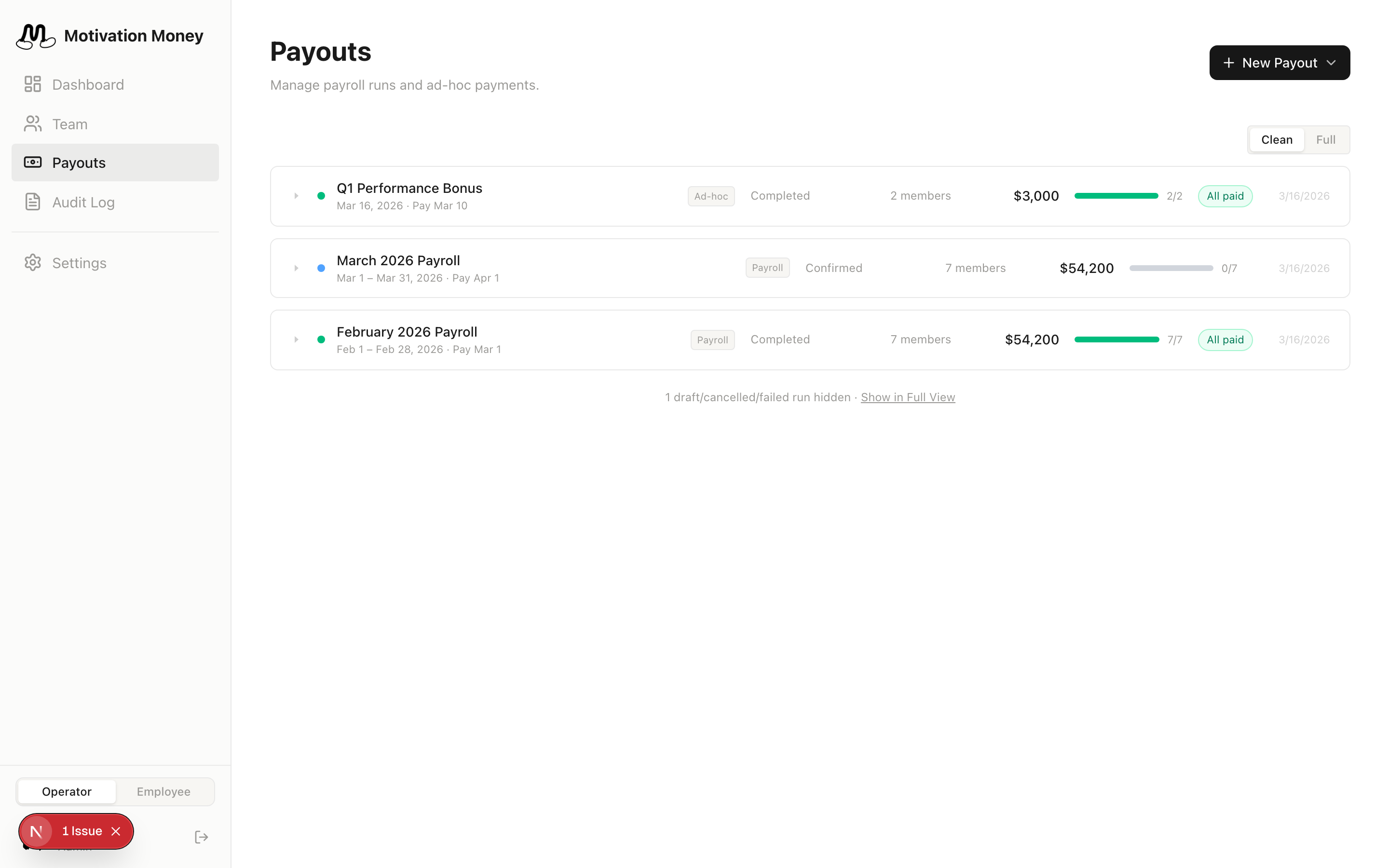 Payouts list in Motivation Money