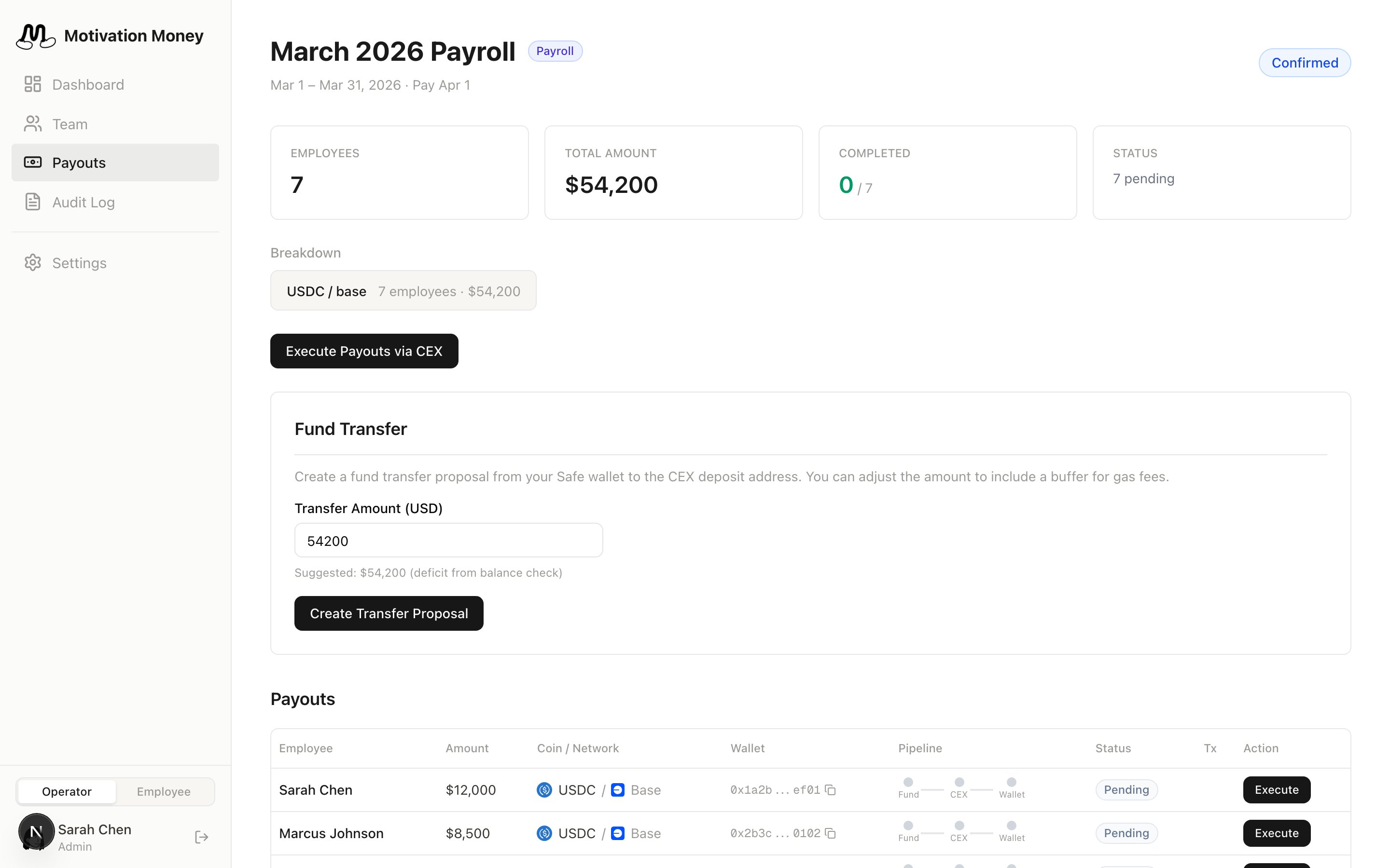 Payment execution in Motivation Money
