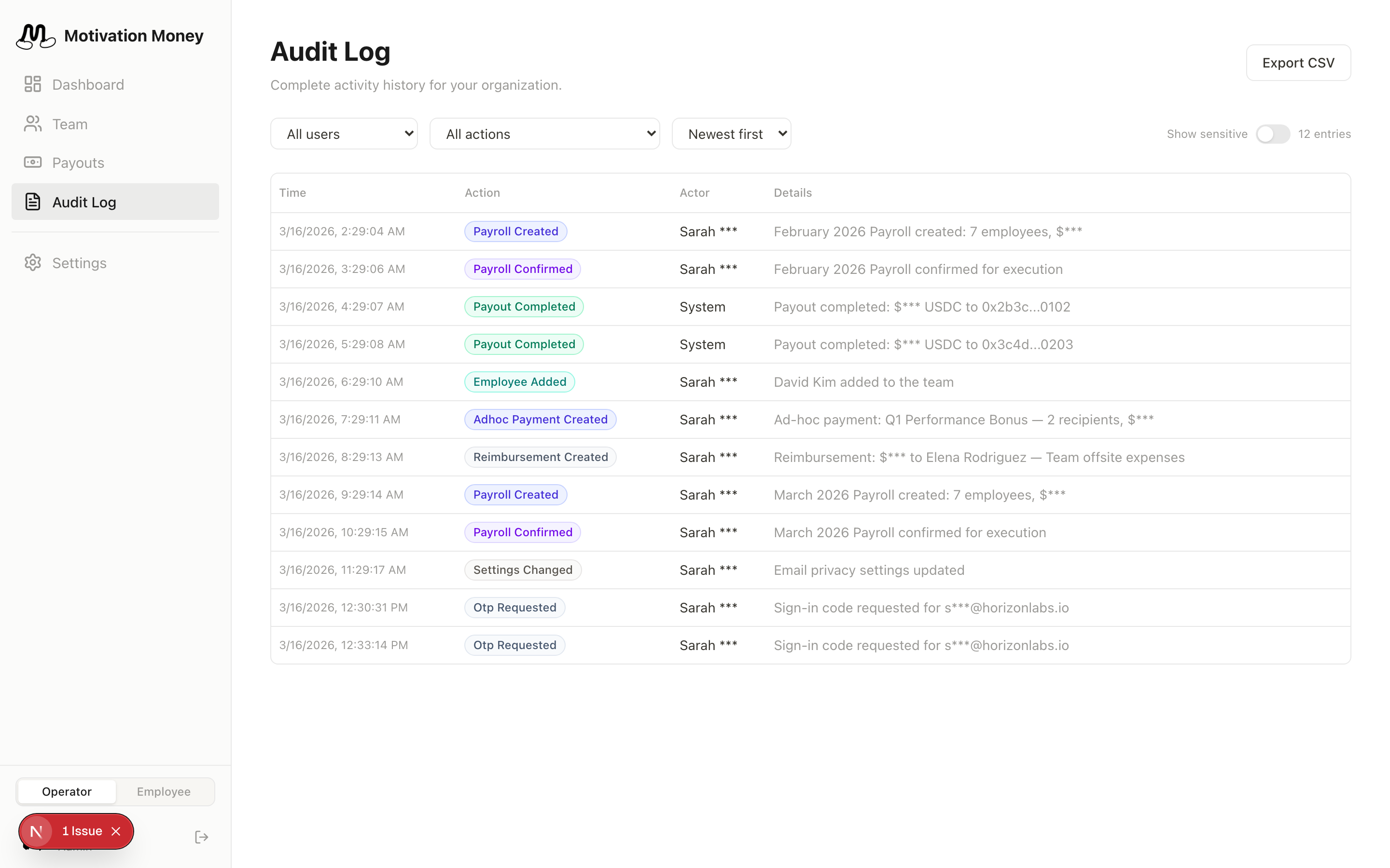 Audit log in Motivation Money